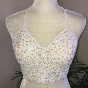 Island Planet Crochet Halter Top Gold Sequin L